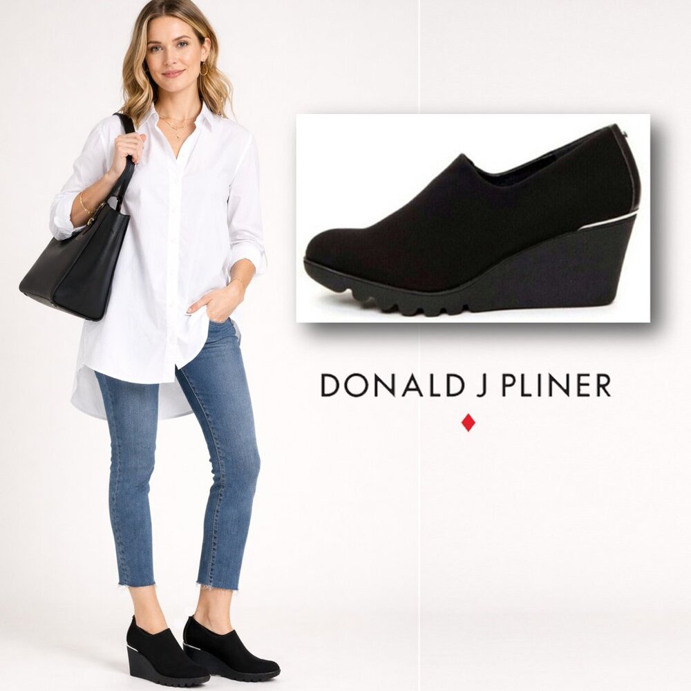 𝗗𝗢𝗡𝗔𝗟𝗗 𝗝. 𝗣𝗟𝗜𝗡𝗘𝗥 ♦️ "Maddy" Black Crepe Wedge Comfort Shoe